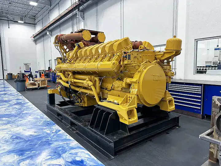 Remanufactured CAT C175-20 engine on a stand inside the Independent Rebuild Specialist engine rebuild facility.