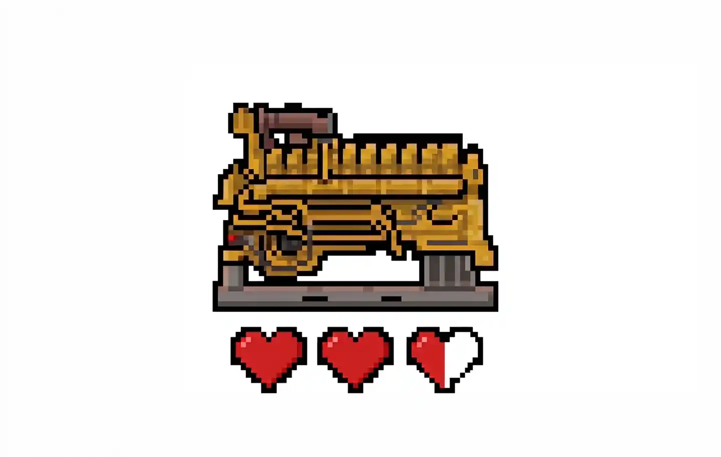 Pixel-art CAT engine with three heart icons representing multiple engine lives through rebuilding.