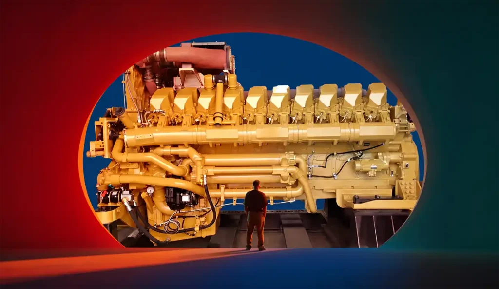 Technician standing beside a large CAT C175 engine, illustrating the scale of high-horsepower mining engines.